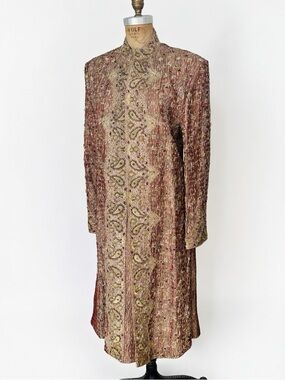 SHAAHID AMIS Embellished Long Brocade Indian Coat - Metallic Rust & Gold
Size M